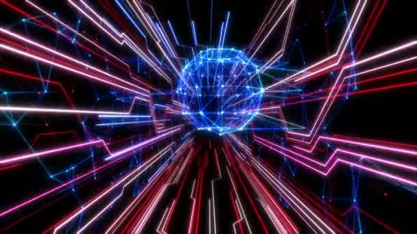 Farbig abstraktes Netzwerk-Gitter-Sphären-Hologramm im Cyberspace mit Netzverbindungen und Lauflinien auf Schwarz. schleifenfähige 3D-Animation. digitale futuristische Technologie-Konzept. 4k ultra hd 3840x2160. — Stockvideo