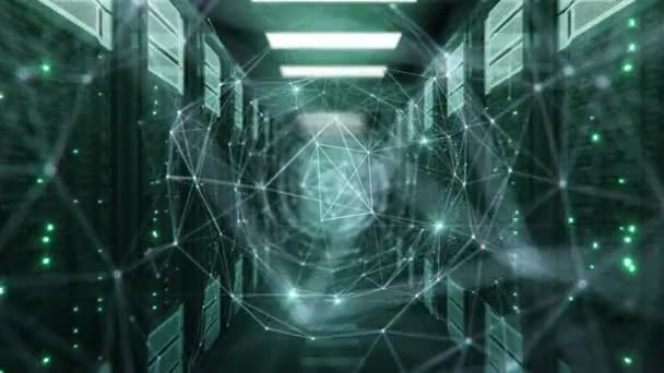 Growing Network Connections Cyberspace Digital Tunnel with Bright Flashes in Modern Datacenter Server Racks Room (dalam bahasa Inggris). Looped 3d Animation. Konsep Teknologi Digital Futuristik. 4k Ultra HD 3840x2160 . — Stok Video