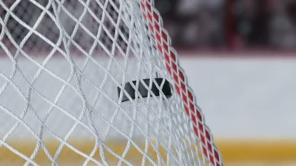 Beautiful Hockey Puck voa em Goal Net em câmera lenta com fundo Tribunes. Momento do Objectivo de Close-up. Bela animação 3D Sport Concept. 4k Ultra HD 3840x2160 . — Vídeo de Stock