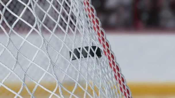 Güzel hokey Puck sinekler hedef içine Net tribün arka plan ağır çekimde. Yakın çekim gol anı. Güzel 3d animasyon spor kavram. 4 k Ultra Hd 3840 x 2160. — Stok video