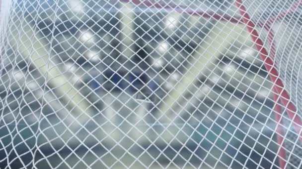 Beautiful Hockey Puck Flies into Gates Net in Slow Motion on Stadium Background. Momento do Objectivo de Close-up. 3d animação Sport Concept. 4k Ultra HD 3840x2160 . — Vídeo de Stock