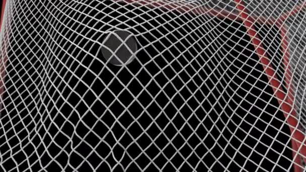 Hockey Puck Flying into Goal Net in Slow Motion on Black Background with Green Screen (em inglês). Momento do Objectivo de Close-up. Animação 3D bonita com Alpha Mask. Conceito Esportivo. 4k UHD 3840x2160 . — Vídeo de Stock