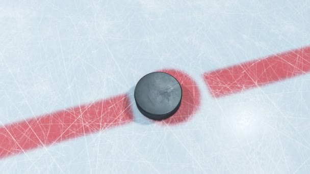 Mooie Hockey Puck Drop in Face-off Zone. 3D animatie van Puck vallen op het ijs met en zonder Dof Blur op groen scherm Alpha masker. Actieve Sport Concept. 4 k Ultra Hd 3840 x 2160. — Stockvideo