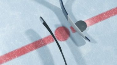 Bir hokey sopaları pakı buz taç atışı bölgedeki kazanan. Ağır çekim yakın çekim güzel 3d animasyon ve Dof bulanıklık ve Lens fişekleri olmadan. Aktif spor kavram. Kimliği maskesi. 4 k Ultra Hd 3840 x 2160.