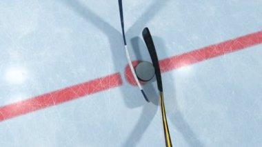 İki hokey sopaları pakı buz taç atışı bölgedeki için mücadele. Ağır çekim yakın çekim güzel 3d animasyon ve Dof bulanıklık olmadan. Aktif spor kavram. Kimliği maskesi. 4 k Ultra Hd 3840 x 2160.
