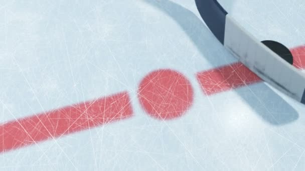 Hockeypuck, der auf Eis fällt und Hockeyschläger, der ihn herausnimmt. Zeitlupe Nahaufnahme schöne 3D-Animation mit und ohne Unschärfe und Linseneffekte. Aktives Sportkonzept. id Maske. 4k ultra hd 3840x2160. — Stockvideo