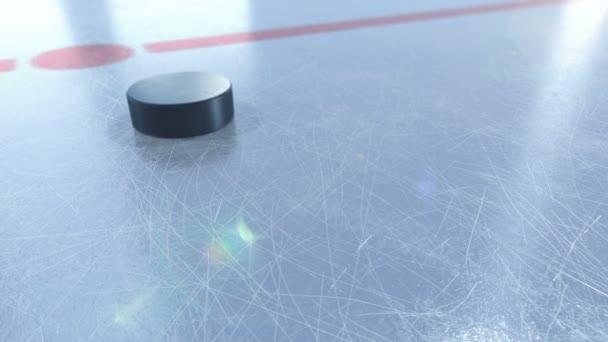 Krásný hokejový puk posuvné na ledě arény ve zpomaleném detail. 3D animace s a bez Dof rozostření a odlesků objektivu na Green Screen Alfa podkladu. Aktivní Sport koncept. 4 k Ultra Hd 3840 x 2160.