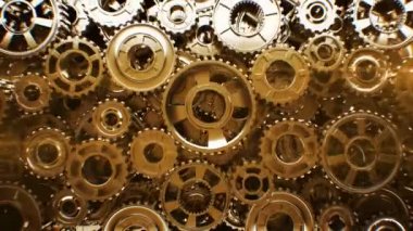 Güzel altın vites önden görünüm sorunsuz döndürme duvar. Güzel ilmekledi 3d animasyon. Soyut işlem çalışma. Takım çalışması iş ve teknoloji kavramı. 4 k Ultra Hd 3840 x 2160.