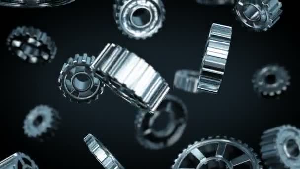 Steel Gearwheels Falling Seamless on Black Background in DOF Blur. Looped 3d Animation. Abstract Working Process. Teamwork Business and Technology Concept. 4k Ultra HD 3840x2160. — Stock Video