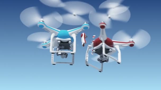 Столкновение двух дронов в воздухе Красивая 3D анимация на фоне неба и зеленый экран. Абстрагируясь от коптеров с помощью матты. Концепция современных технологий. 4k Ultra HD 3840x2160 . — стоковое видео