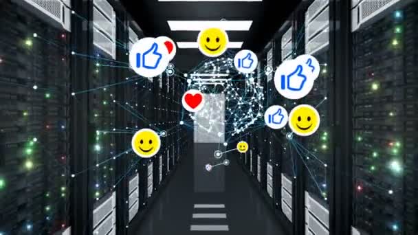 Social Media ikonok mozog a szerver szobában varrat nélküli hálózati ráccsal. Mosolyog, remek és a szív szimbólum Data Center végtelenített 3D-s animáció. 4 k Ultra Hd 3840 x 2160. — Stock videók