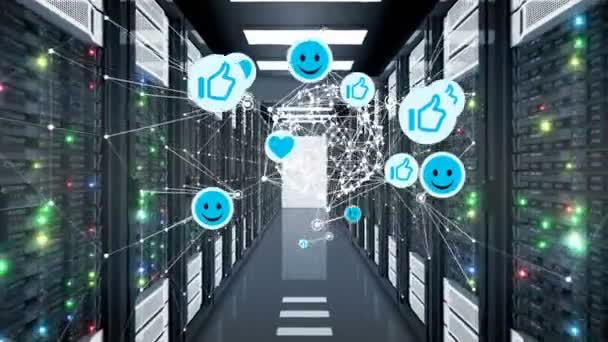 Sfera olografica della rete delle icone dei social media tra i computer senza soluzione di continuità. Sorrisi, Pollici in su e Cuori Simboli e server Looped Animazione 3d. 4k Ultra HD 3840x2160 . — Video Stock