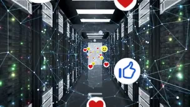 Social Media Icons Moving with Network Grid in Server Room Seamless (dalam bahasa Inggris). Smiles, Thumbs up and Hearts Symbols in Data Center Looped 3d Animation (dalam bahasa Inggris). 4k Ultra HD 3840x2160 . — Stok Video