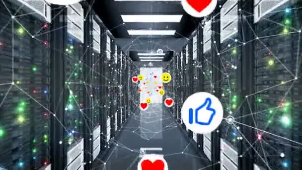 Social Media Icons Network Grid Tunnel tra computer senza soluzione di continuità. Sorrisi, Pollici in su e Cuori Simboli e server Looped Animazione 3d. 4k Ultra HD 3840x2160 . — Video Stock