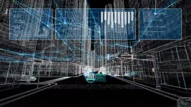 스마트 시티 개념. 추상 그리드 건물과 거리에서 이동 하는 자동차. Huds 및 글로벌 네트워크와 함께 작동하는 제어 시스템. 루프 3D 애니메이션. 미래 기술 개념. 4k Uhd 3840x2160. — 비디오
