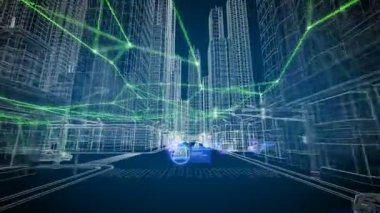 Akıllı Şehir Konsepti. Şehir Sokaklarında Sorunsuz Çalışma Takip Sistemi. Soyut Binalar ve Arabalar Hi-tech Grid Tasarım Stilize. Looped 3d Animasyon Fütüristik Teknoloji Konsept 4k Uhd 3840x2160.