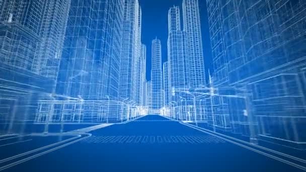 Belle ville moderne se déplaçant à travers le numérique 3d Blueprint Road View. Construction et technologie Concept. Boucle d'animation 3d couleur bleue. 4k UHD 3840x2160. Version courte . — Video