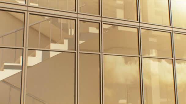 Abstrakte moderne Gebäudefassade mit Himmel und Wolken, die nahtlos reflektieren. gedrehte 3D-Animation von Wolkenkratzern außen und innen. 4k ultra hd 3840x2160. — Stockvideo