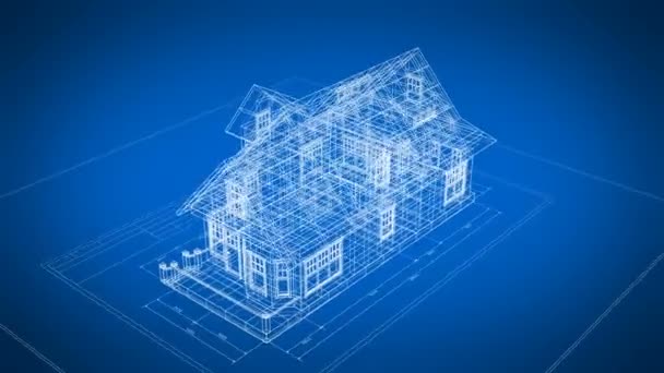 Domek 3D Blueprint obrotowy na inżynierii plan bez szwu na czarno-niebieskie tła. Pętla 3D animacja abstrakcyjne House Blueprint. Koncepcja biznesu budowlanego. rozdzielczość 4K Ultra HD 3840x2160. — Wideo stockowe