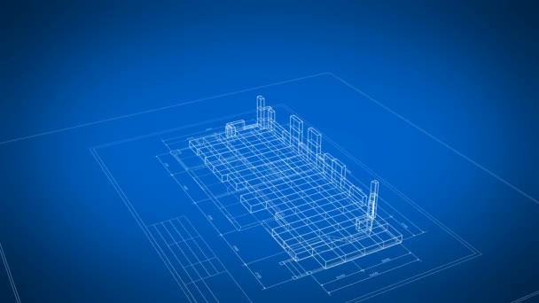 Projeto da grade da construção 3d da casa abstrata bonita no fundo azul. 3d Animação do Processo de Construção sobre o Plano. Conceito de Negócio de Construção. Última volta é Loop-able. 4k Ultra HD 3840x2160 . — Vídeo de Stock