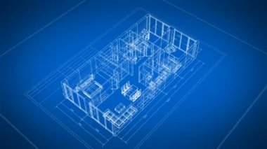 Mavi ve Beyaz Dikişsiz Dönüm Mobilya ile Soyut Daireler 3d Blueprint. Looped 3d Animasyon Izgara Örgü. İnşaat İş İúLETMEK Kavram. 4k Ultra Hd 3840x2160.