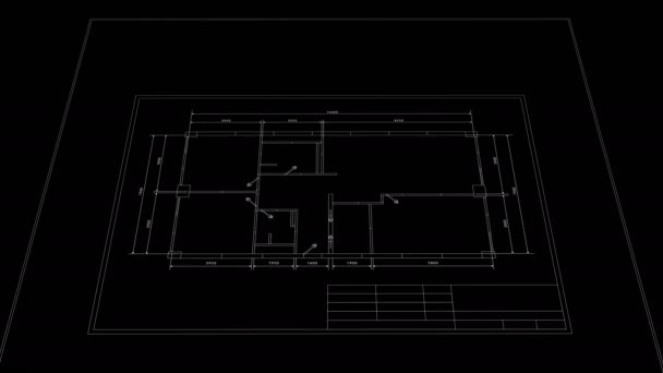 Abstrakt lägenheter byggprocessen på svart bakgrund. Sista Svänglan är loop-stånd. Loopas 3D-animering av roterande Blueprint i Grid mesh. Bygg affärsidé. 4K Ultra HD 3840x2160. — Stockvideo