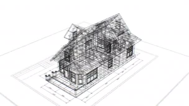 Rotierende 3D-Blaupause einer abstrakten Hütte auf Engineering-Plan nahtlos auf weißem Hintergrund. geloopte 3D-Animation eines abstrakten Häuserentwurfs. Bau-Business-Konzept. 4k ultra hd 3840x2160. — Stockvideo