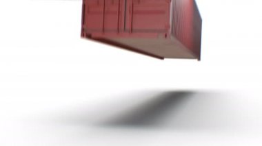 Metal Konteyner Beyaz Arka Planda Yavaş Çekimde Yere Düşen, Kapıları Açma ve İçeride Uçan Kamera. Ulaşım Kavramı 3d Animasyon. 4k Ultra Hd 3840x2160.