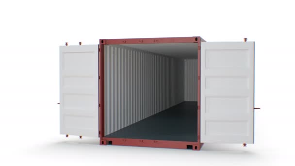 Container Falling, Fast Fall e Slow Motion of Opening Doors su sfondo bianco. Logistica Concetto 3d Animazione. 4k Ultra HD 3840x2160 . — Video Stock