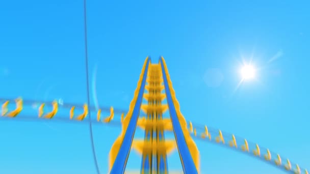 Speed Ride op de achtbaan extreem snel met zon schijnt naadloos. Looped 3D-animatie van abstracte achtbaan attractie rechte spoorlijn. Entertainment concept. 4k Ultra HD 3840x2160. — Stockvideo