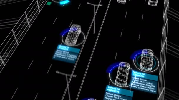 高速道路シームレス上の識別監視抽象的なシステム作業プロセス図。道路4kウルトラHd 3840x2160上の車とドライバーを分析する未来制御システムのループ3Dアニメーション. — ストック動画