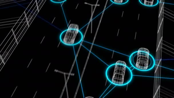Sistema de control automatizado de la autopista del tráfico que conecta todos los coches en red digital sin fisuras. Looped 3d Animation of Futuristic Surveillance System Artificial intelligence (en inglés). 4k Ultra HD 3840x2160 . — Vídeo de stock