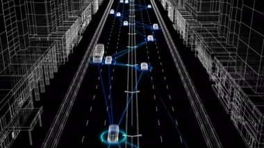 Güzel İllüstrasyon Kontrol Sistemi Dijital Ağ Sorunsuz Tüm Otomobil Bağlayan Soyut City Street Üzerinde Çalışıyor. Fütüristik Gözetim Sistemi Looped 3d Animasyon. 4k Ultra Hd 3840x2160.