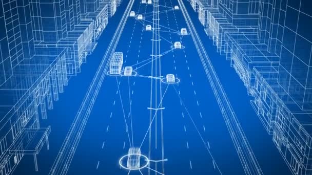 Smart Car systeemgegevens uitwisselen met alle transport in abstracte stad naadloos. Looped 3D-animatie van het besturingssysteem dat alle Auto's op straat in digitaal netwerk verbindt. 4k Ultra HD 3840x2160. — Stockvideo