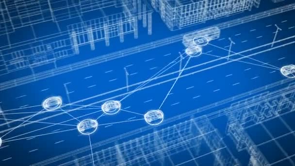 Smart Car System Datenaustausch mit allen Verkehrsmitteln auf der Stadtstraße nahtlos. 3D-Animation des Steuersystems, das alle Autos auf der abstrakten Autobahn in digitalem Netzwerk verbindet. 4k ultra hd 3840x2160 — Stockvideo