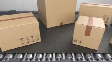 Konveyör Bant Sistemi Sorunsuz Taşıma Parsel Büyük Miktarda. Güzel Karton Kutular Depo Looped 3d Animasyon hareketli. Teslimat Konsepti. 4k Ultra Hd 3840x2160.