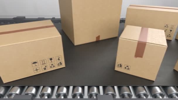 Gran cantidad de paquetes de transporte en el sistema de banda transportadora sin fisuras. Hermosas cajas de cartón moviéndose en Warehouse Looped 3d animación. Concepto de entrega. 4k Ultra HD 3840x2160 . — Vídeo de stock