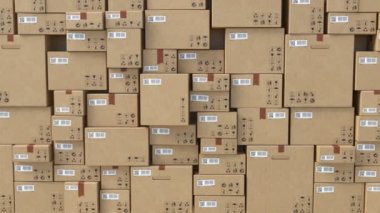 Güzel Soyut Karton Kutular Duvar Sonsuz. Kolilerde Barkod ve Qr Kodu. Teslim, Depolama ve Taşıma Konsepti için Kutuların Looped 3d Animasyon. 4k Ultra Hd 3840x2160.