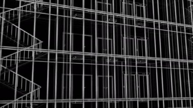 Güzel Soyut Modern Bina Cephe Izgara İnşaat Planı Dikişsiz. Siyah Arka Plan Hatları Gökdelen Dış ve İç Looped 3d Animasyon. 4k Ultra Hd 3840x2160.