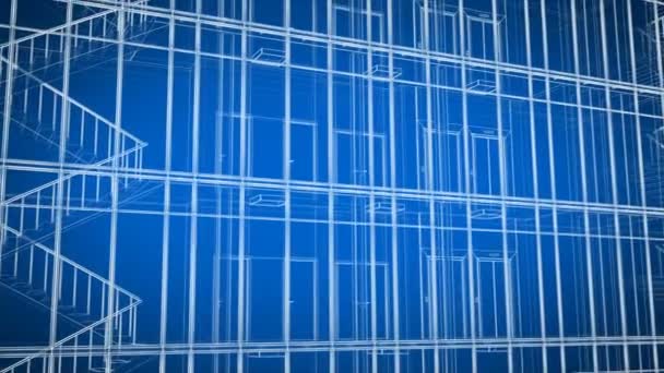Abstrakt vacker modern byggnad fasad rutnät konstruktion Blueprint sömlös. Loopas 3D animation av skyskrapa exteriör och interiör i linjer på blå bakgrund. 4K Ultra HD 3840x2160. — Stockvideo