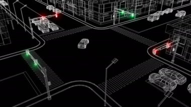 Trafik Işıkları Parlayan ve Road Blueprint Grid Style Araba Sürüş ile Modern Şehir Crossroads Güzel İllüstrasyon. Trafik Kanunları ve Kuralları Kavramı 3d Animasyon. 4k Ultra Hd 3840x2160.