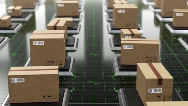 Warehouse Hi-tech Futuristic yang indah dengan Kardus di Lifts Seamless. Looped 3d Animation of Automated Parcels on Digital Floor, QR Codes (dalam bahasa Inggris). Konsep Penyimpanan dan Logistik. 4k Ultra HD 3840x2160 — Stok Video