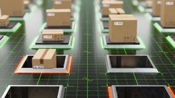 Beautiful Futuristic High-tech Warehouse Parcels Rising on Lifts and Digital Floor Indicates Seamless (dalam bahasa Inggris). Looped 3d Animation of Cardboard Box (dalam bahasa Inggris). Konsep Penyimpanan dan Pengiriman. 4k Ultra HD 3840x2160 . — Stok Video