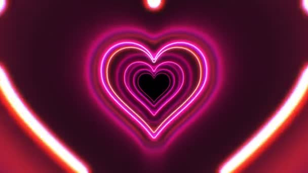Vacker hjärta form tunnel med neonljus linjer rör sig snabbt sömlös. Abstrakt romantisk futuristisk bakgrund röd, rosa, lila färger. Glödande tunnel looped 3D-animering. 4K Ultra HD 3840x2160. — Stockvideo
