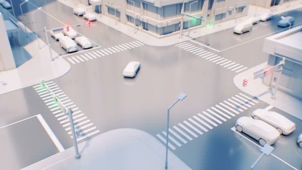 Schöne Kreuzung in der modernen Stadt mit Ampeln, die grüne rote Farben leuchten lassen. Autoverkehr auf den Straßen 3D-Animation. 4k ultra hd 3840x2160. — Stockvideo