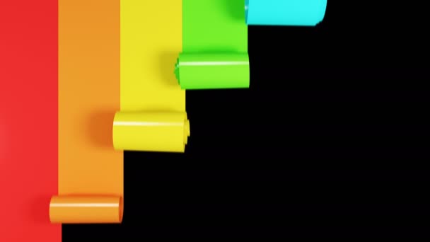Lindos rolos de fita plástica multicolorida desbobinando para baixo, formando um arco-íris na tela. Animação 3d de listras coloridas que cobrem a tela. Máscara Alfa. 4k Ultra HD 3840x2160 . — Vídeo de Stock