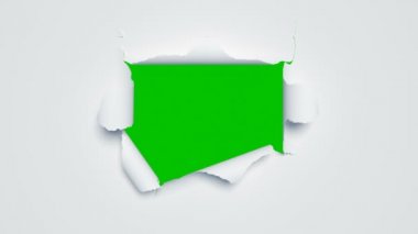 Merkezden yırtılan Güzel Kağıt Çarşaflar Ekran Dönüşümünü Açıyor. İki versiyon. Yeşil Ekran Alfa Maskesi 'ndeki Soyut Kağıt Kırılıyor' un 3D Animasyonu. 4k Ultra Hd 3840x2160.