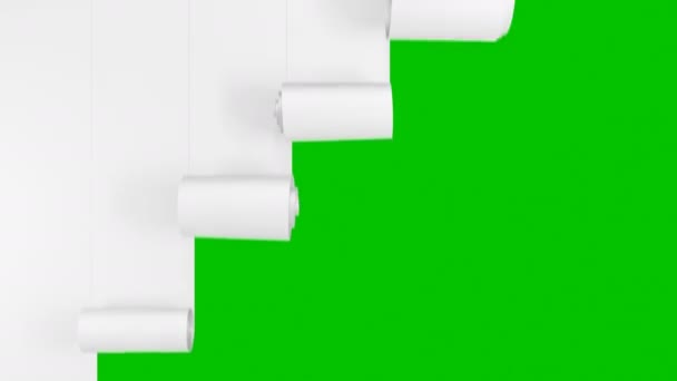 Білі рулони паперової стрічки розмотування вниз, закриття екрану. 3D анімація білих смуг, що покривають екран. Альфа Маска Зелений екран. 4k Ultra HD 3840x2160 . — стокове відео