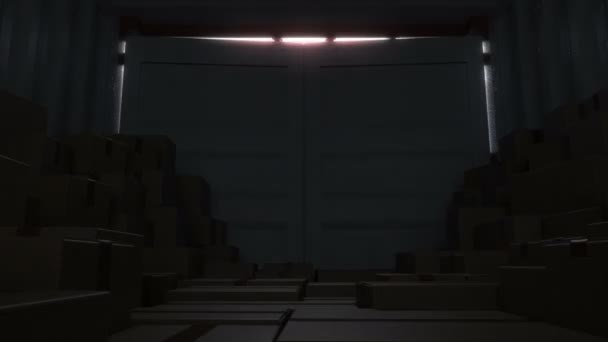 Pembukaan Pintu Kontainer Pengiriman Kargo Lambat Gerak. Inside View dengan banyak kotak kardus. Beautiful 3d Animation of Opening Container. Konsep Transportasi. 4k Ultra HD 3840x2160 . — Stok Video