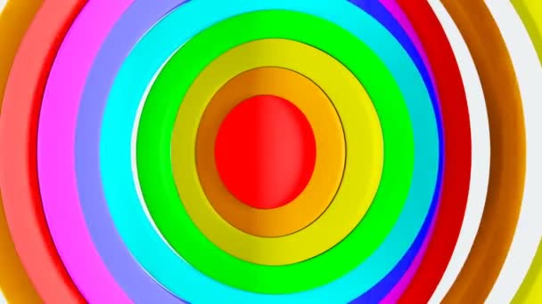 Абстрактные круги в цветах рейнбоу на безмятежном фоне. Цикл 3D анимации цветных колец Rippling Pattern. Арт-концепция. 4k Ultra HD 3840x2160 . — стоковое видео